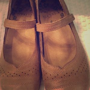 Taos tan Mary Jane flats with Velcro strap